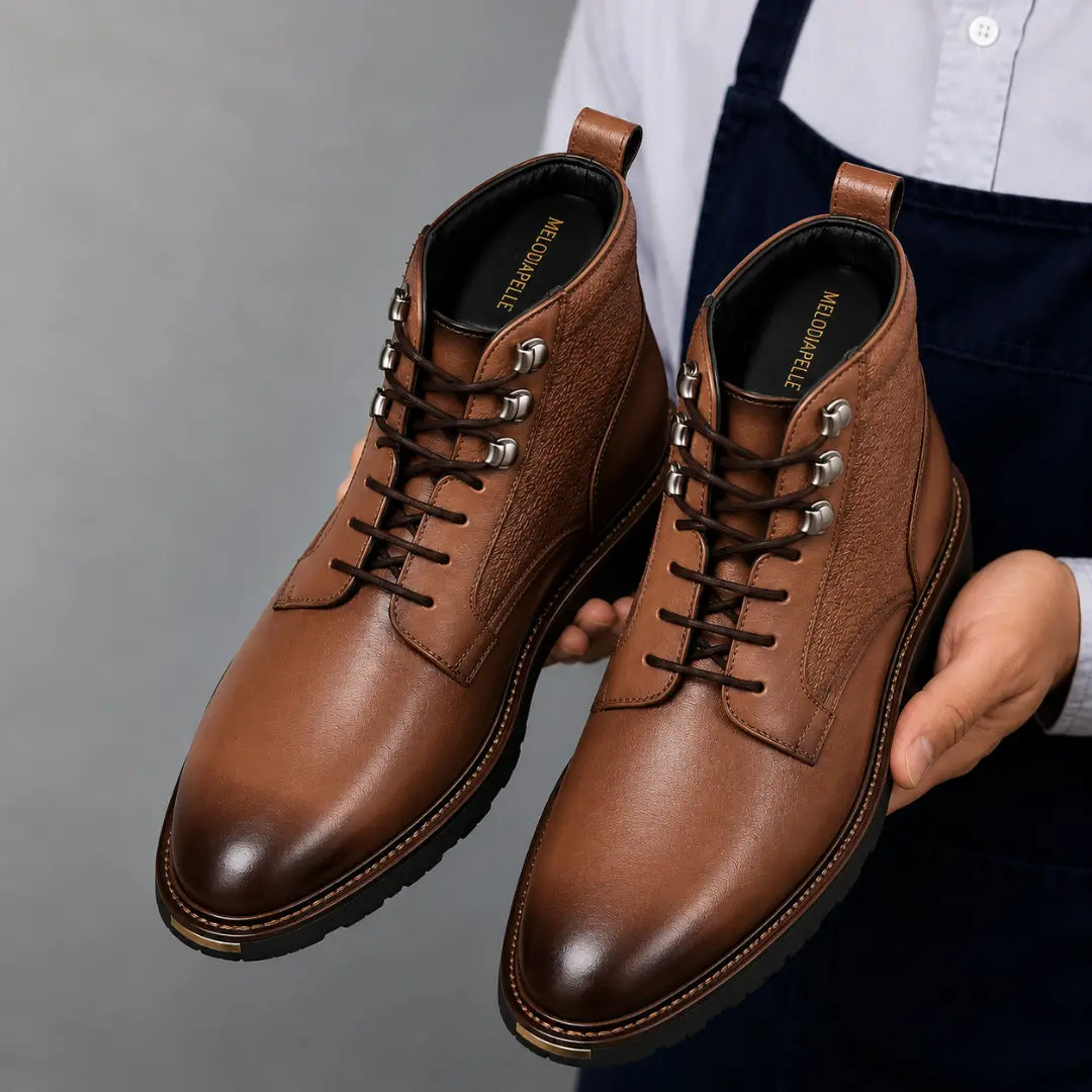Man holding a pair of Melodiapelle Meridian Combat Boots in tan leather, close-up