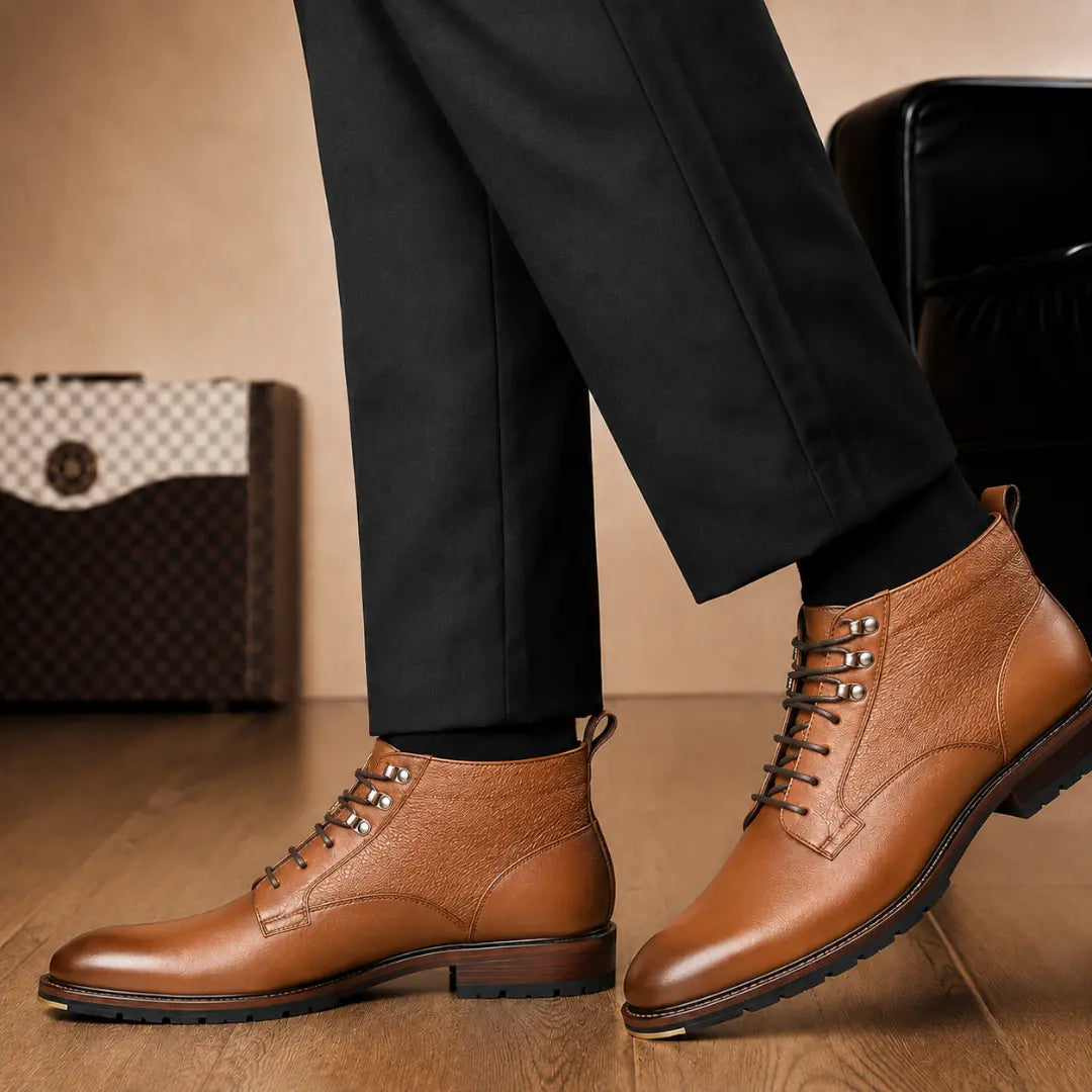 Melodiapelle Meridian Combat Boot in tan leather worn with trousers, on-feet shot