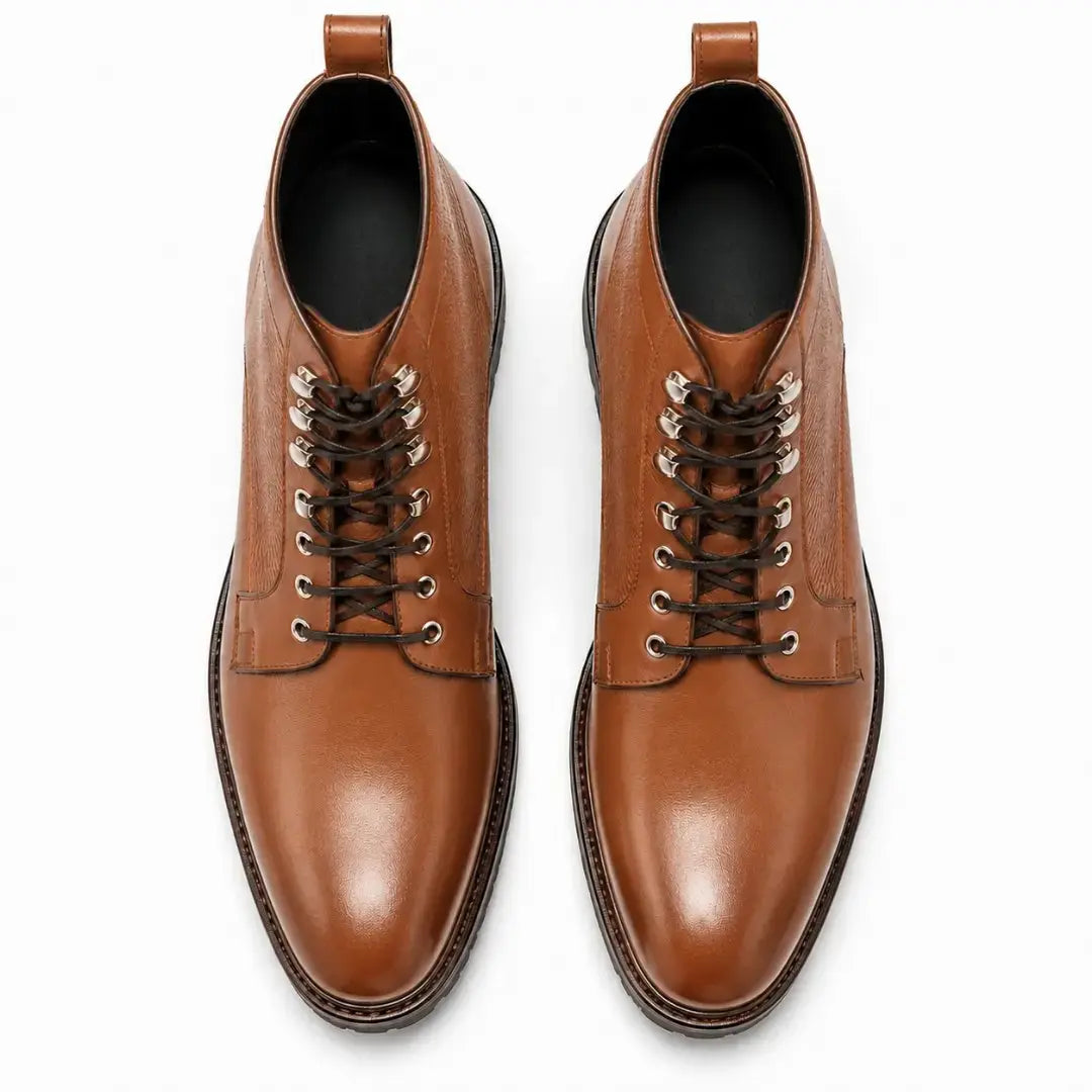 Melodiapelle Meridian Combat Boot in tan leather, pair top-down view, handcrafted in Agra