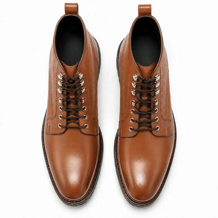 Melodiapelle Meridian Combat Boot in tan leather, pair top-down view, handcrafted in Agra