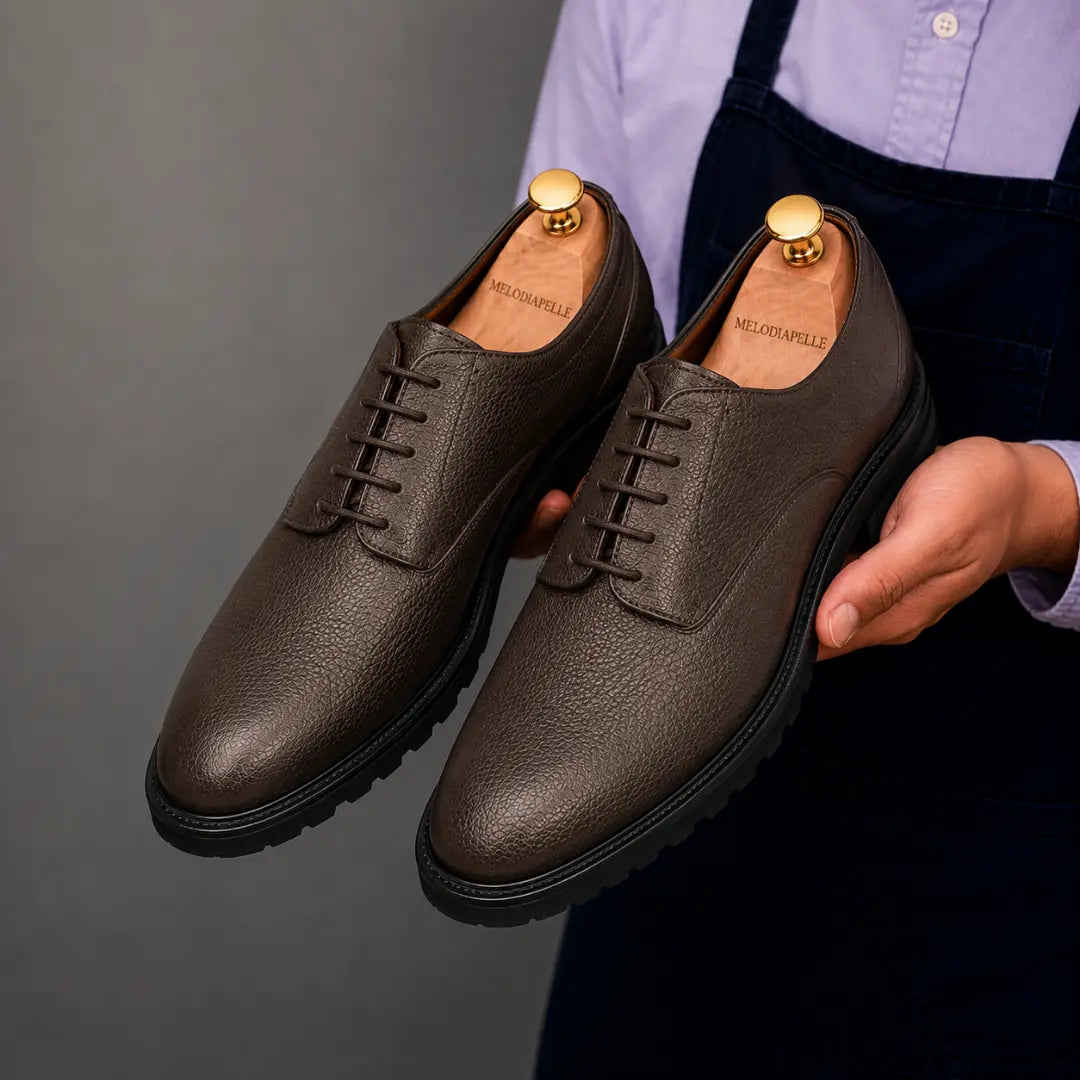 Man holding a pair of Melodiapelle Meridian Derby Shoes in dark brown leather, close-up