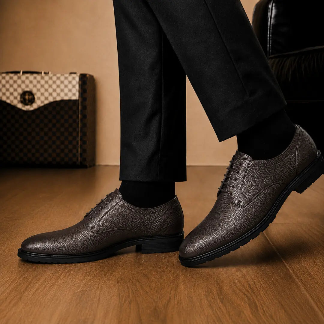 Melodiapelle Meridian Derby Shoes in dark brown leather worn with formal trousers, on-feet shot