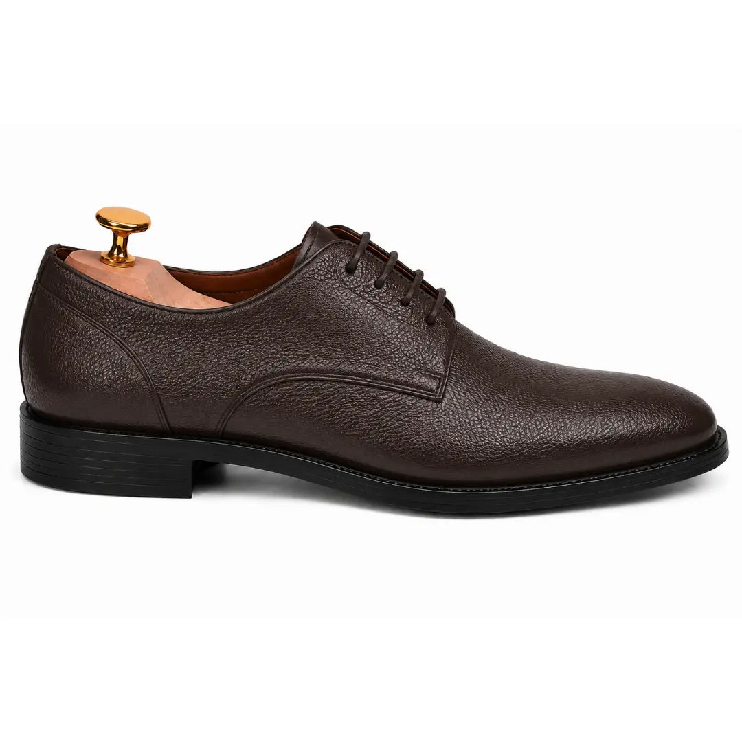 Side profile of the Meridian Derby Shoes in dark brown leather on white background