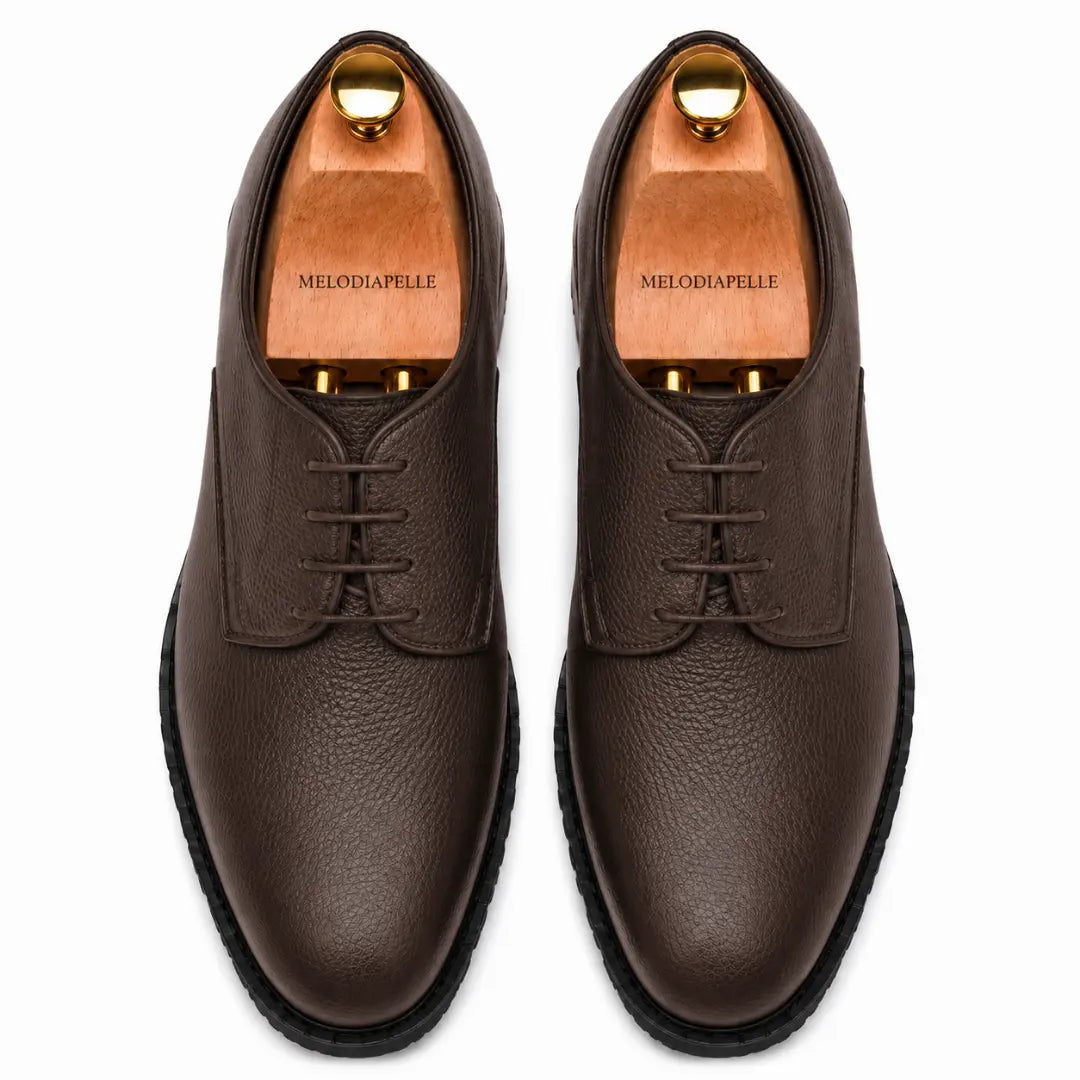 Melodiapelle Meridian Derby Shoes in dark brown leather, pair top-down view, handcrafted in Agra