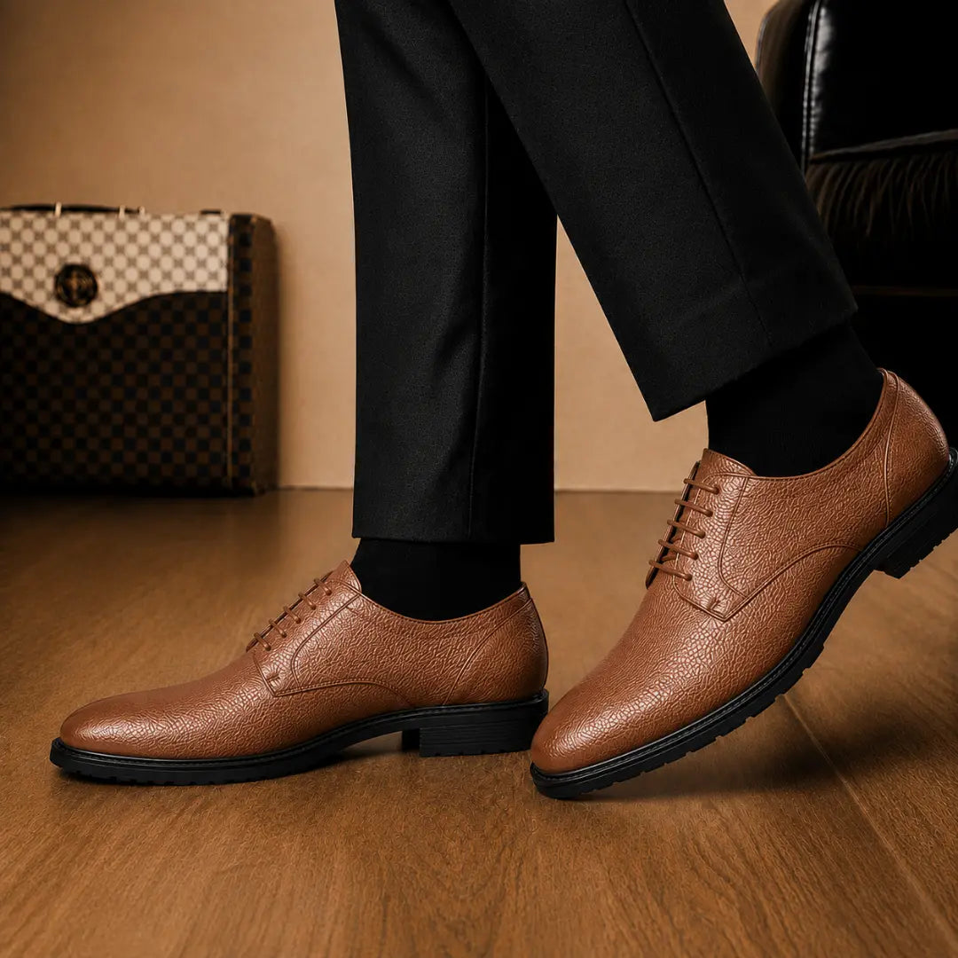 Melodiapelle Meridian Derby Shoes in tan leather worn with formal trousers, on-feet shot
