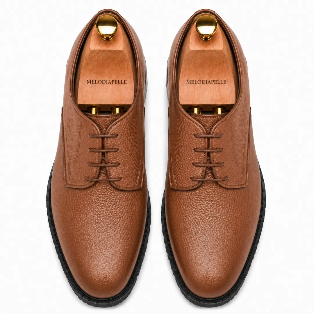 Melodiapelle Meridian Derby Shoes in tan leather, pair top-down view, handcrafted in Agra