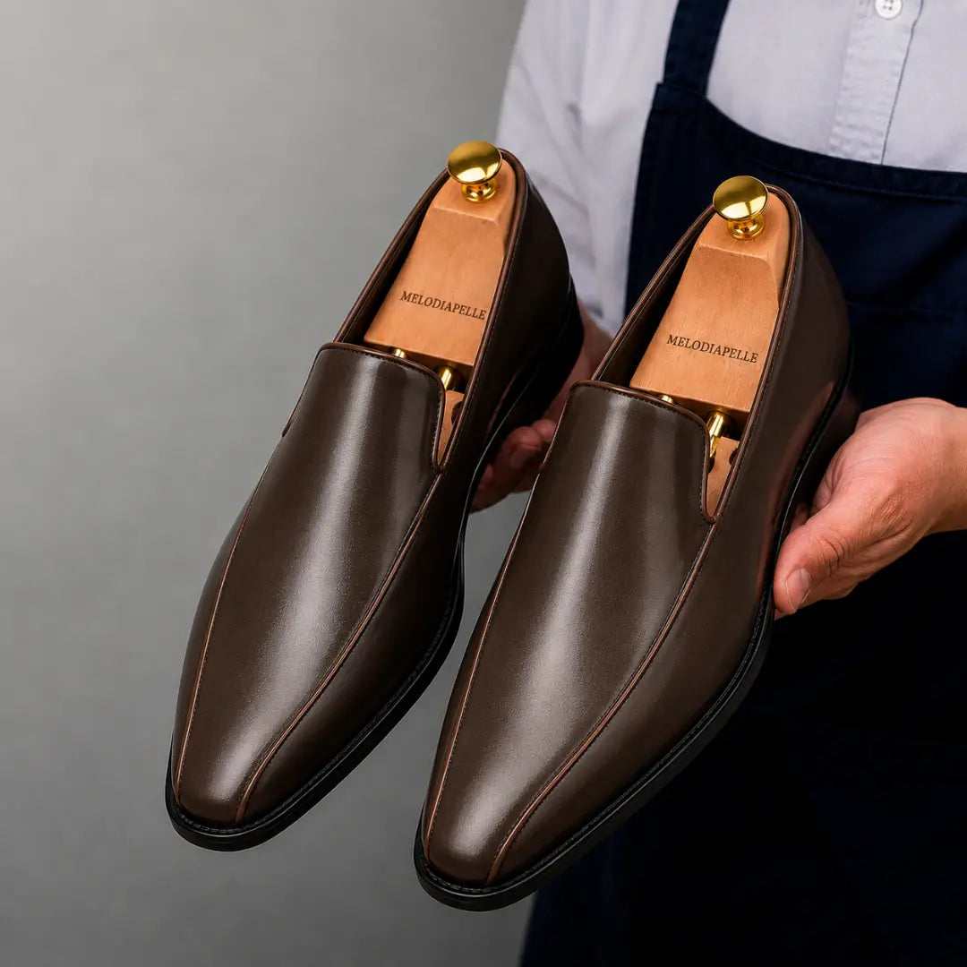 Man holding a pair of Melodiapelle Merlot Dress Loafer shoes in brown leather, close-up