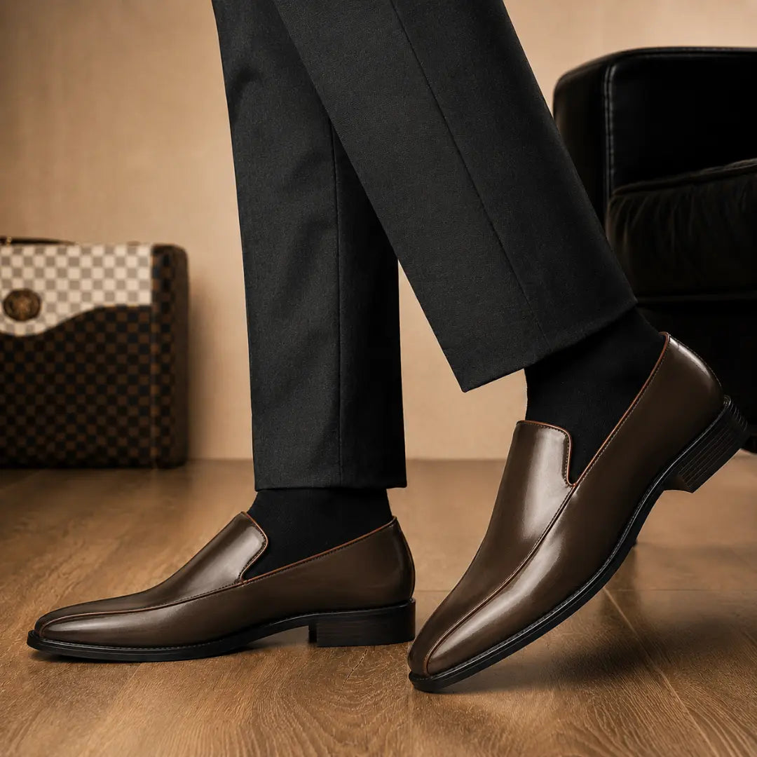 Melodiapelle Merlot Dress Loafer in brown leather worn with formal trousers, on-feet shot