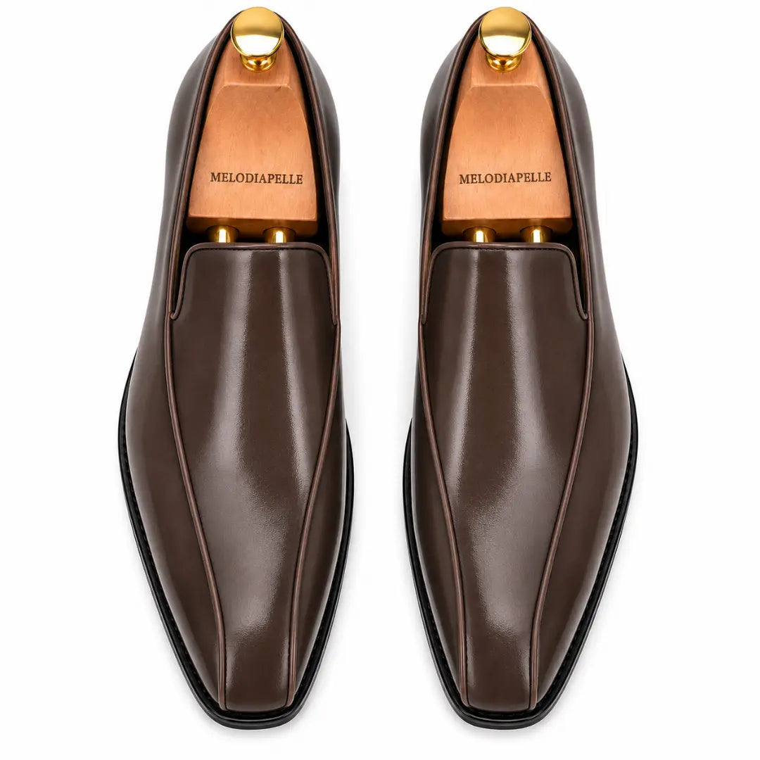 Melodiapelle Merlot Dress Loafer in brown leather, pair top-down view, handcrafted in Agra