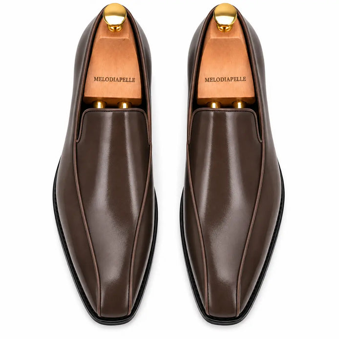 Melodiapelle Merlot Dress Loafer in brown leather, pair top-down view, handcrafted in Agra