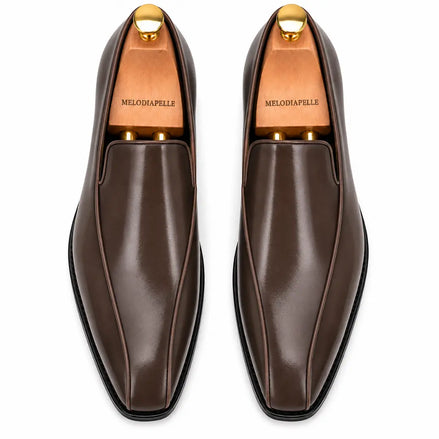Melodiapelle Merlot Dress Loafer in brown leather, pair top-down view, handcrafted in Agra
