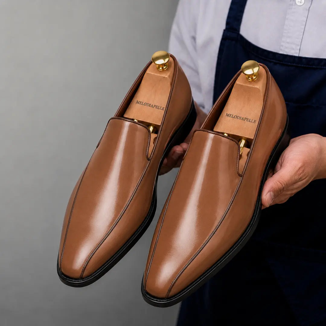 Man holding a pair of Melodiapelle Merlot Dress Loafer shoes in tan leather, close-up