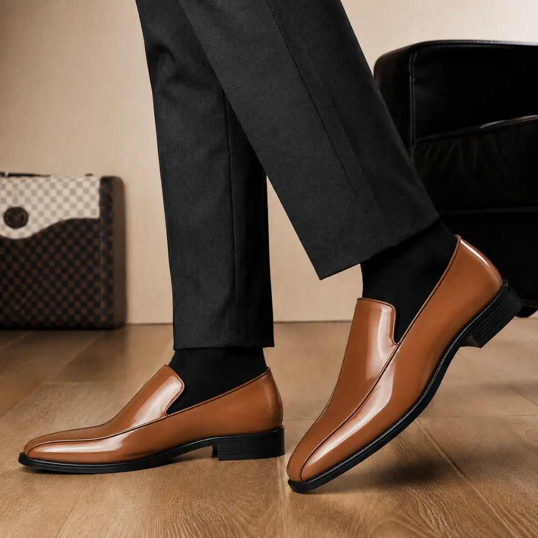 Melodiapelle Merlot Dress Loafer in tan leather worn with formal trousers, on-feet shot