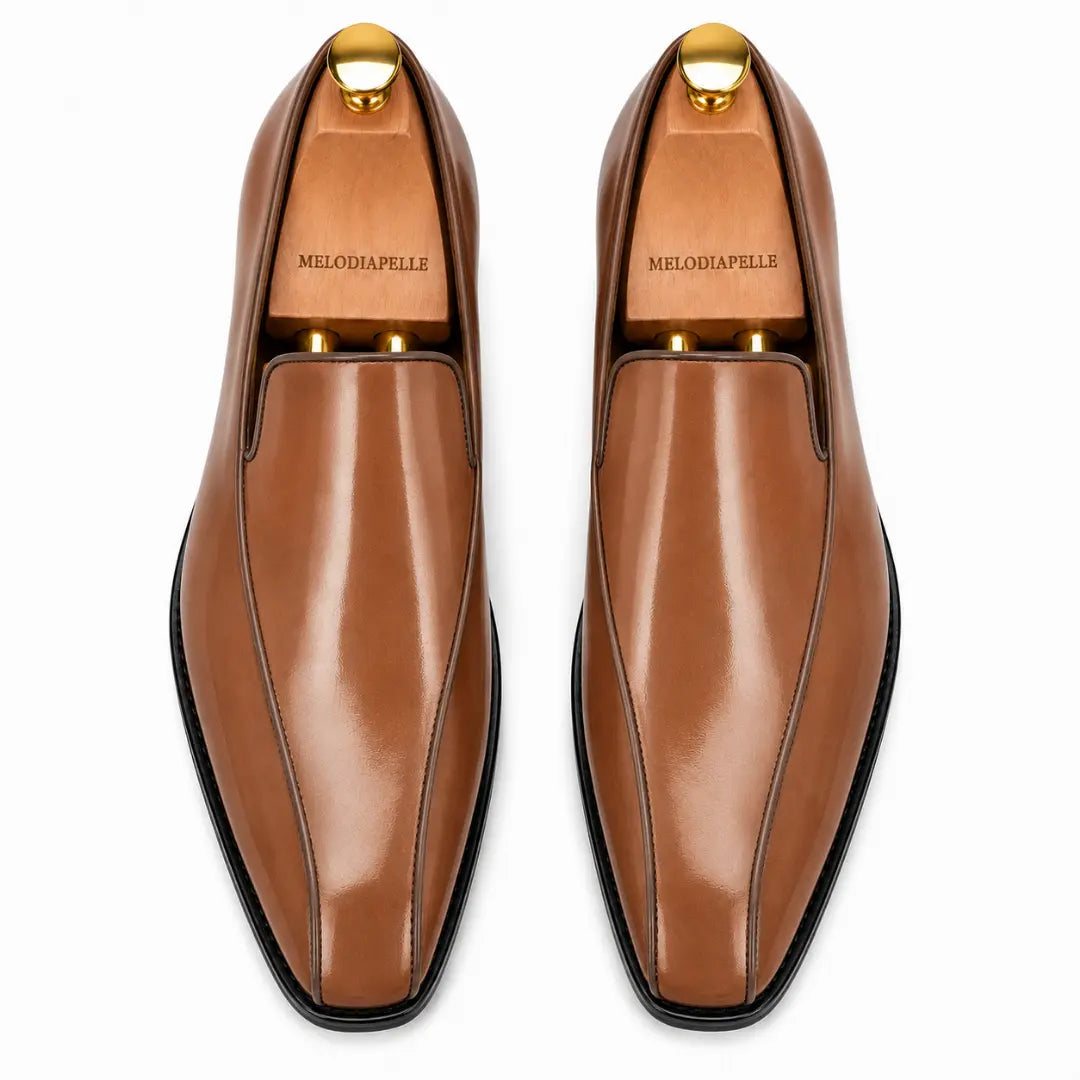 Melodiapelle Merlot Dress Loafer in tan leather, pair top-down view, handcrafted in Agra