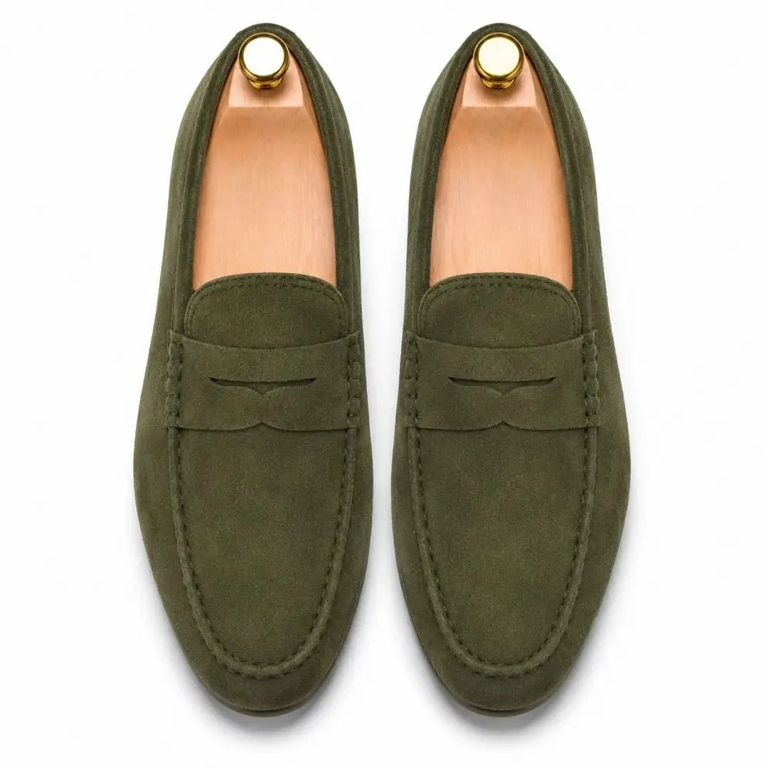 Melodiapelle Merrifield Loafer in olive green suede, pair top-down view, handcrafted in Agra
