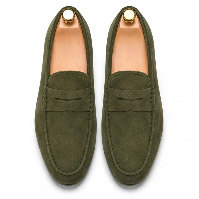 Melodiapelle Merrifield Loafer in olive green suede, pair top-down view, handcrafted in Agra