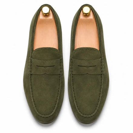Melodiapelle Merrifield Loafer in olive green suede, pair top-down view, handcrafted in Agra
