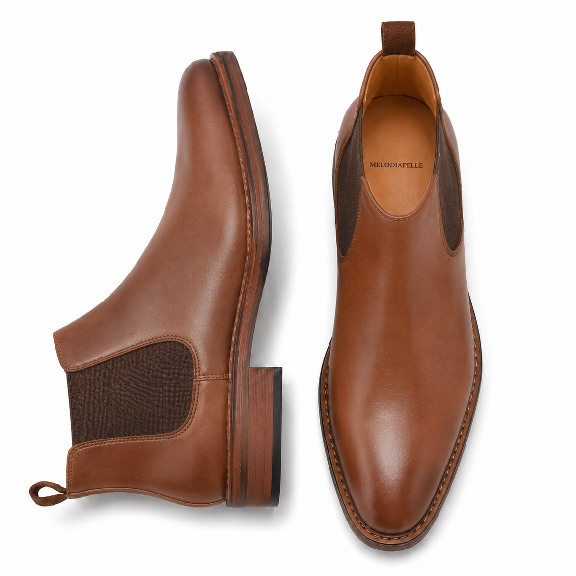 Cognac tan leather Chelsea boot, three-quarter angle showing heel and elastic side panel