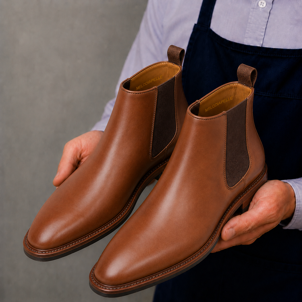 Man holding a pair of Melodiapelle Merrygold Chelsea Boots in cognac tan leather, close-up