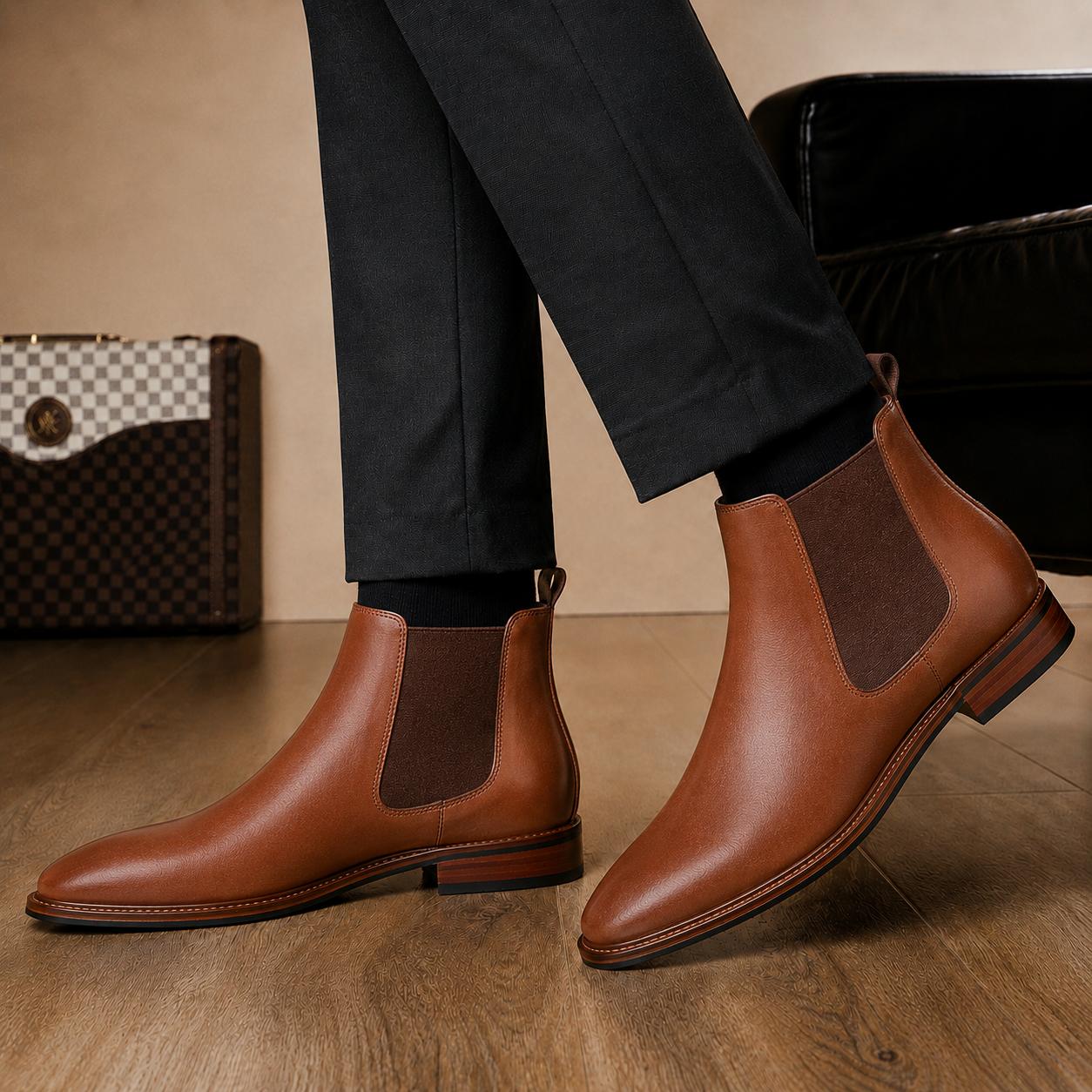 Melodiapelle Merrygold Chelsea Boot in cognac tan leather worn with formal trousers, on-feet shot