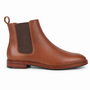 Side profile of the Merrygold Chelsea Boot in cognac tan leather on white background