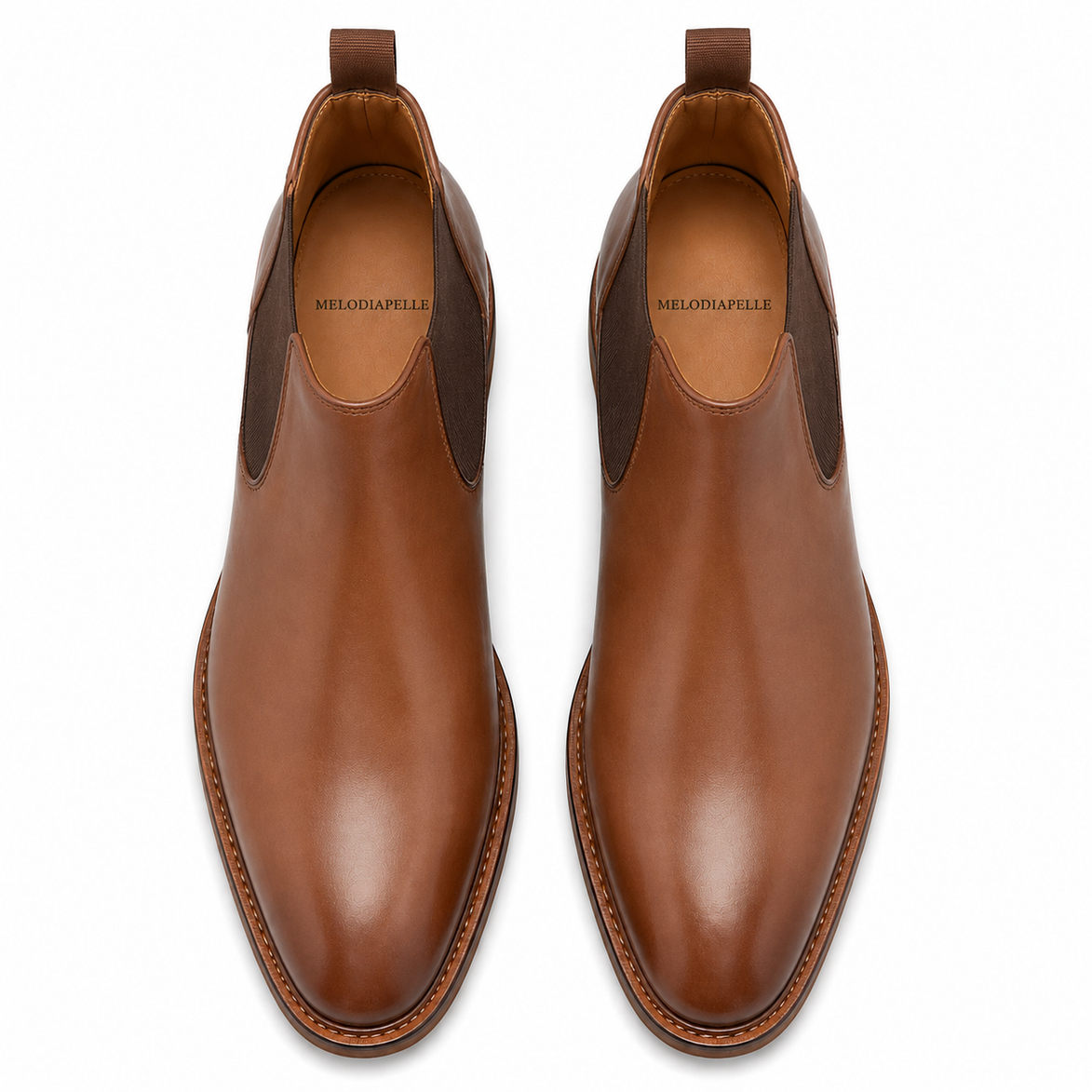 Melodiapelle Merrygold Chelsea Boot in cognac tan leather, pair top-down view, handcrafted in Agra