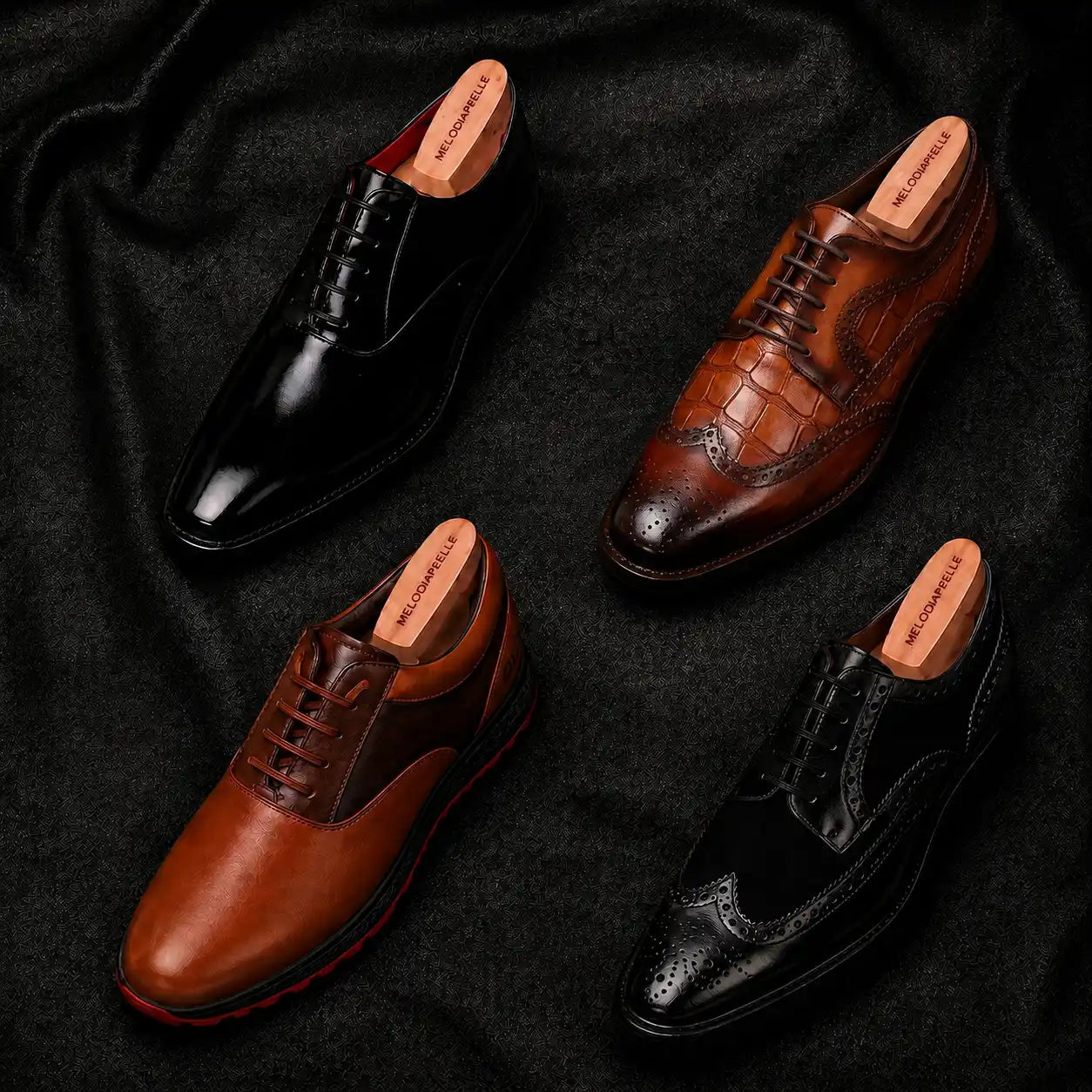 Melodiapelle Meta Semi-Brogue Oxford collection in black, tan and brown leather, handcrafted semi-brogue Oxford shoes displayed together