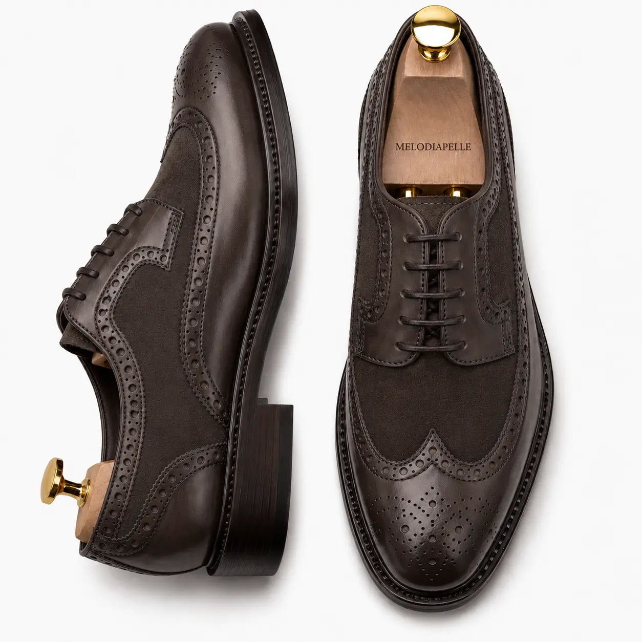 Dark brown leather semi-brogue Oxford, three-quarter angle showing heel and brogue detailing