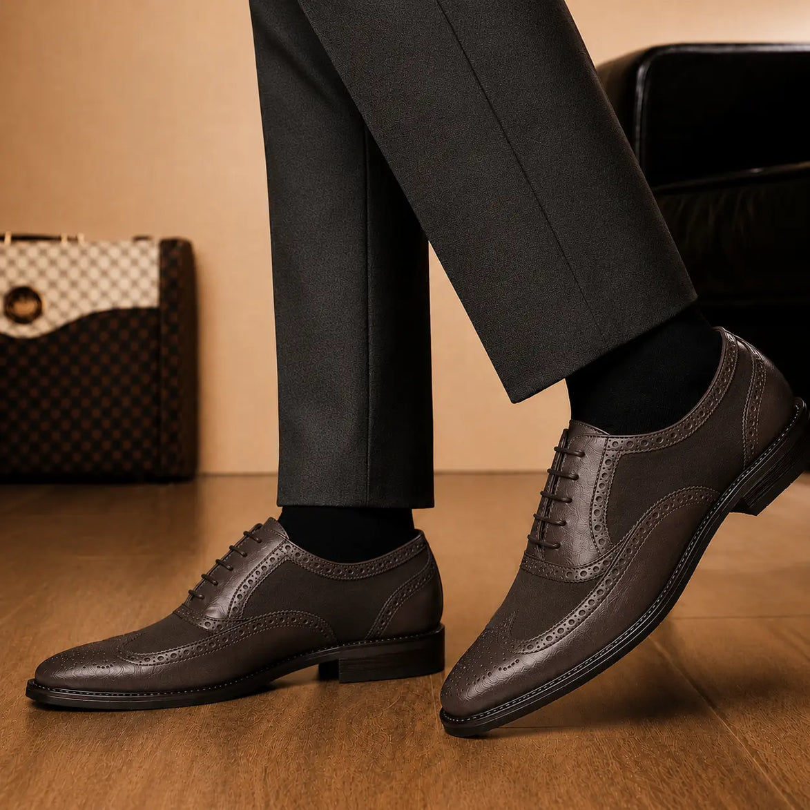 Melodiapelle Meta Semi-Brogue Oxford in dark brown leather worn with formal trousers, on-feet shot