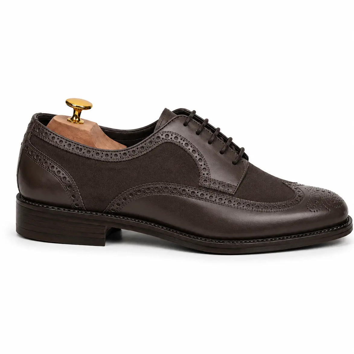 Side profile of the Meta Semi-Brogue Oxford in dark brown leather on white background