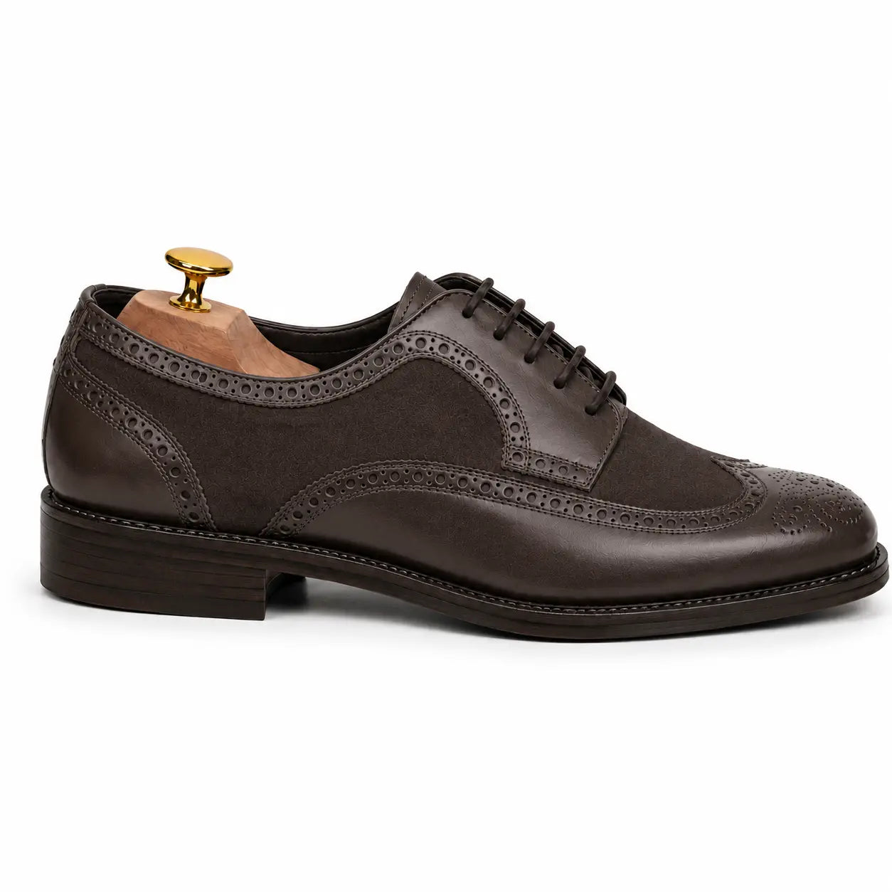 Side profile of the Meta Semi-Brogue Oxford in dark brown leather on white background