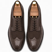 Melodiapelle Meta Semi-Brogue Oxford in dark brown leather, pair top-down view, handcrafted in Agra