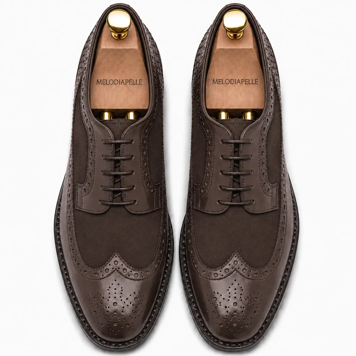Melodiapelle Meta Semi-Brogue Oxford in dark brown leather, pair top-down view, handcrafted in Agra