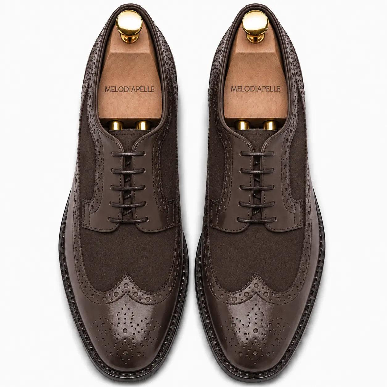 Melodiapelle Meta Semi-Brogue Oxford in dark brown leather, pair top-down view, handcrafted in Agra
