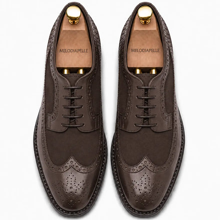 Melodiapelle Meta Semi-Brogue Oxford in dark brown leather, pair top-down view, handcrafted in Agra