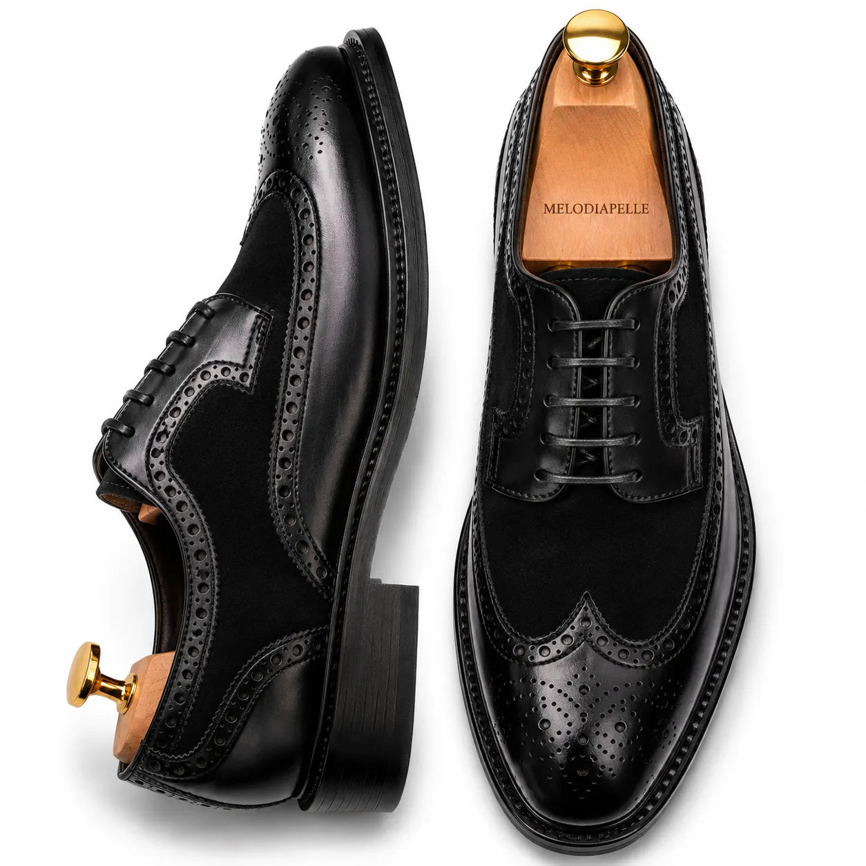 Nero black leather semi-brogue Oxford, three-quarter angle showing heel and brogue detailing