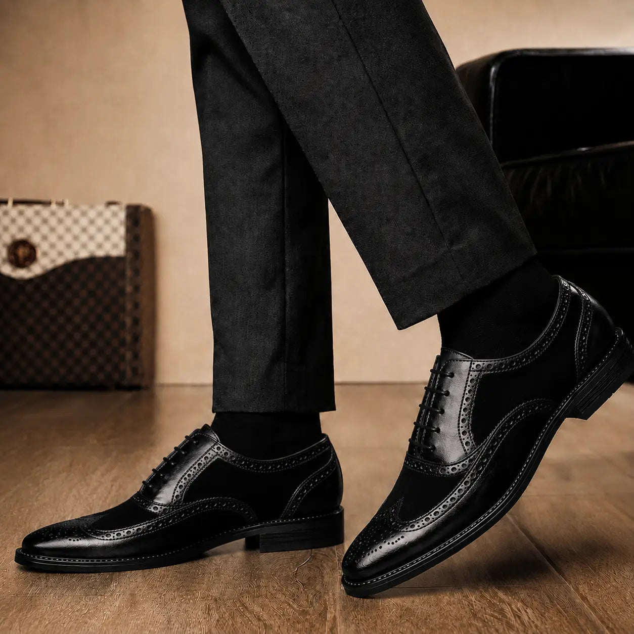 Melodiapelle Meta Semi-Brogue Oxford in nero black leather worn with formal trousers, on-feet shot