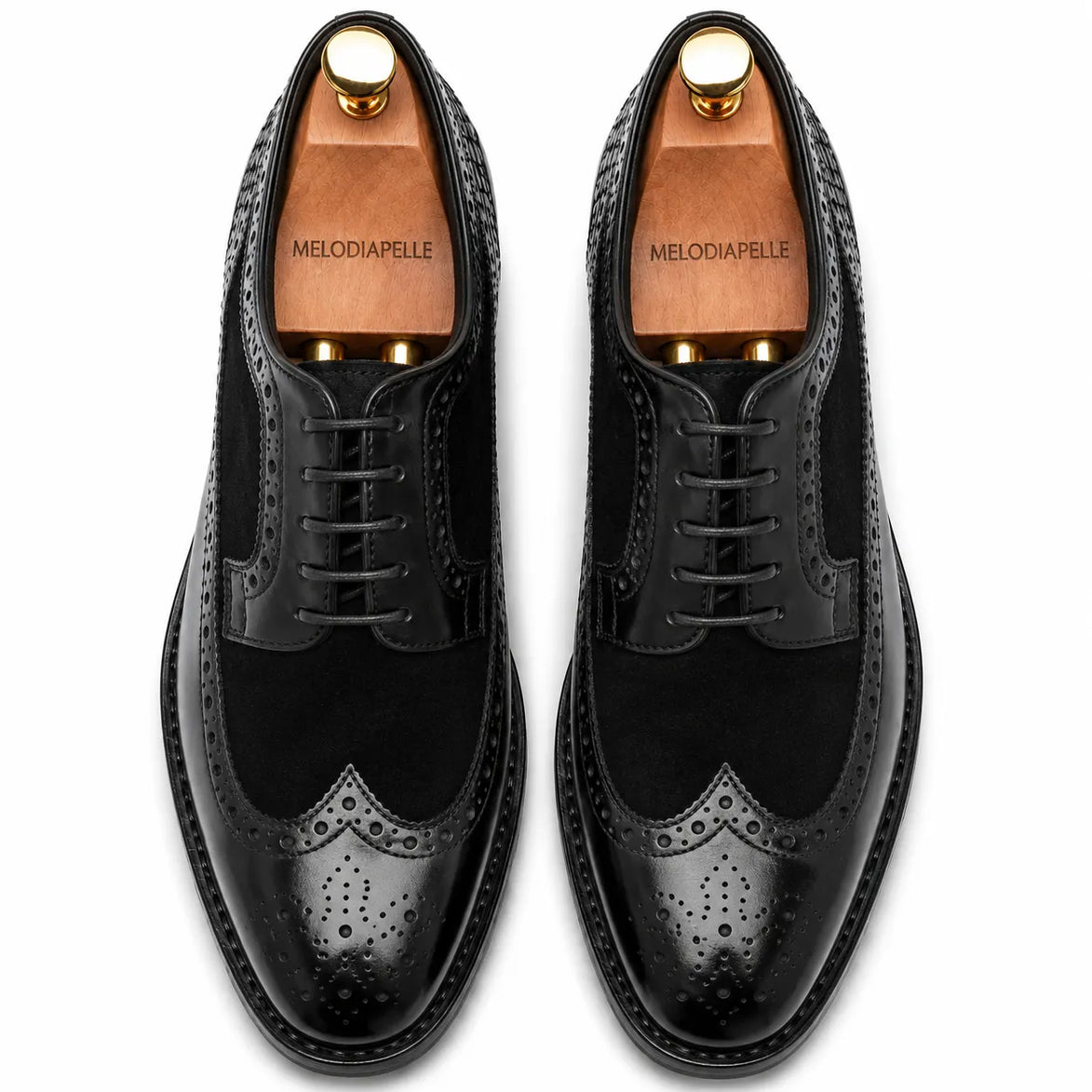 Melodiapelle Meta Semi-Brogue Oxford in nero black leather, pair top-down view, handcrafted in Agra