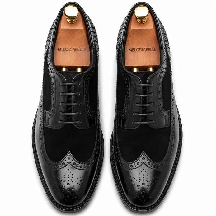 Melodiapelle Meta Semi-Brogue Oxford in nero black leather, pair top-down view, handcrafted in Agra