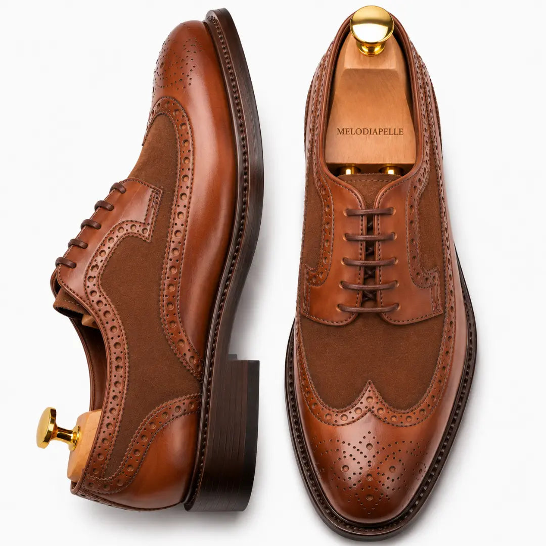 Tan leather semi-brogue Oxford, three-quarter angle showing heel and brogue detailing