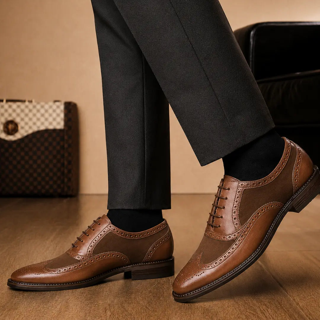 Melodiapelle Meta Semi-Brogue Oxford in tan leather worn with formal trousers, on-feet shot