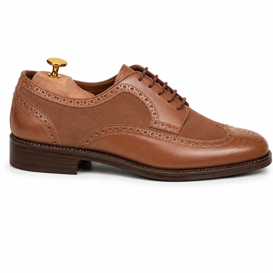 Side profile of the Meta Semi-Brogue Oxford in tan leather on white background