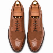 Melodiapelle Meta Semi-Brogue Oxford in tan leather, pair top-down view, handcrafted in Agra