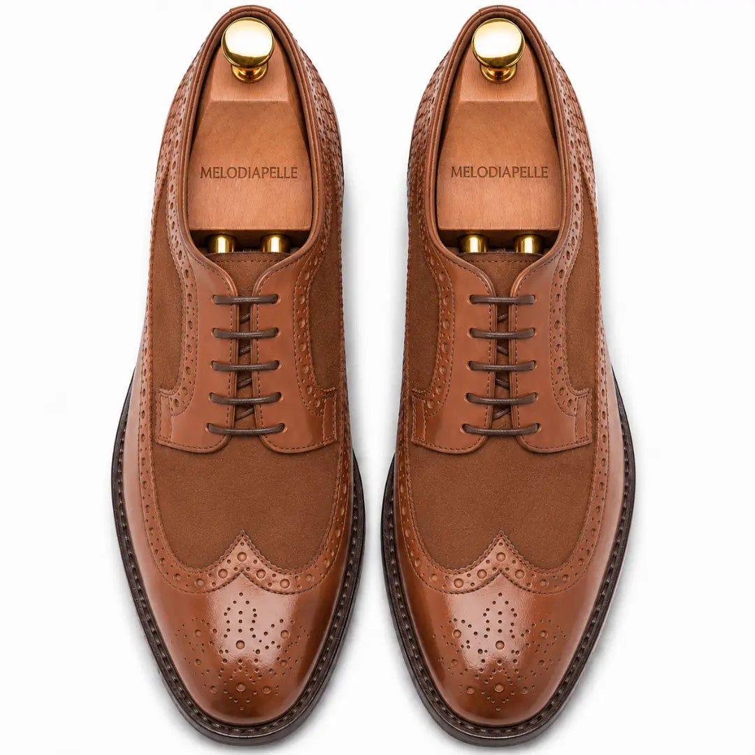 Melodiapelle Meta Semi-Brogue Oxford in tan leather, pair top-down view, handcrafted in Agra