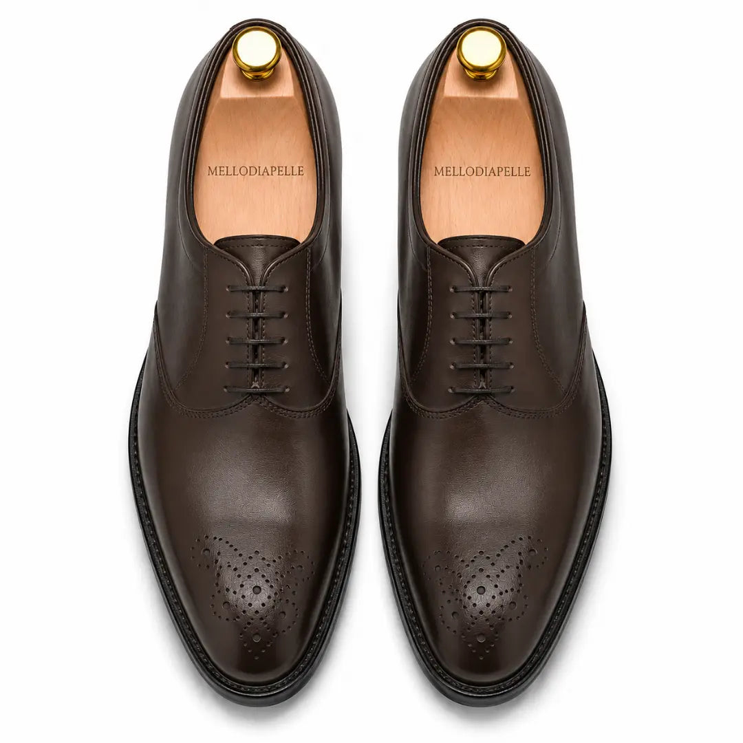 Melodiapelle Meta Wholecut Oxford in brown leather, pair top-down view, handcrafted in Agra