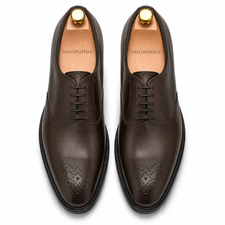 Melodiapelle Meta Wholecut Oxford in brown leather, pair top-down view, handcrafted in Agra