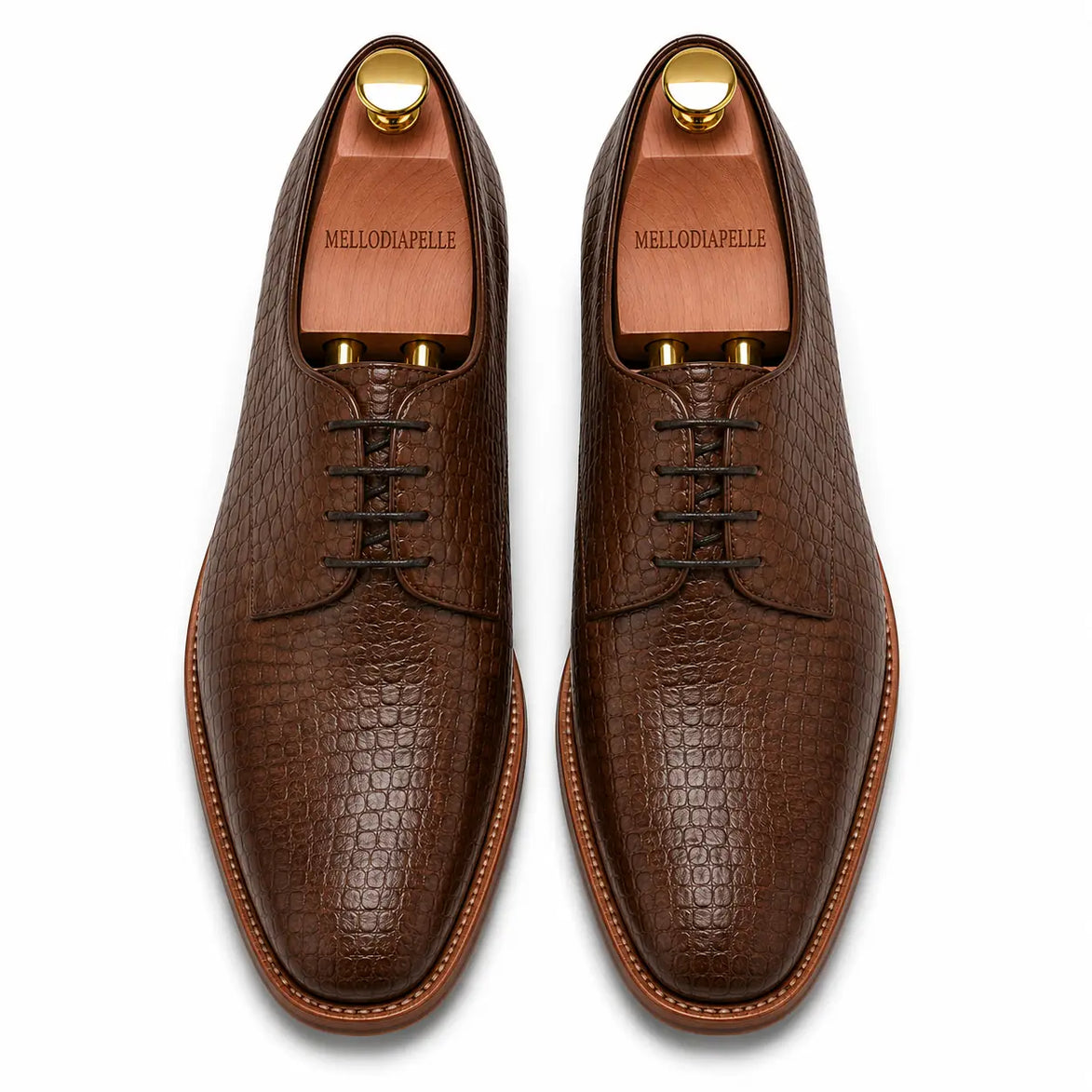 Melodiapelle Meta Wholecut Oxford in taupe brown croc-embossed leather, pair top-down view, handcrafted in Agra