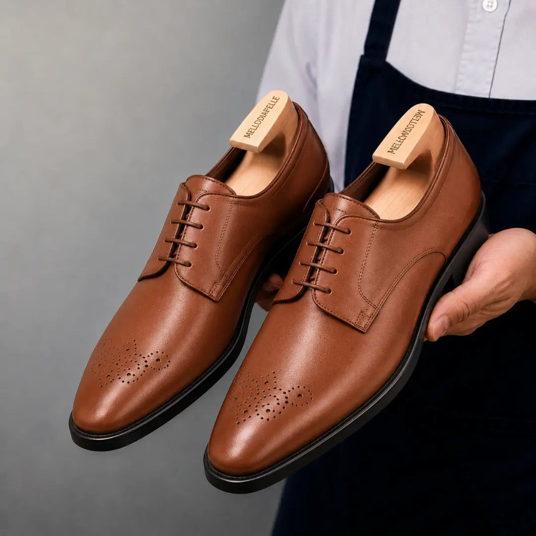 Man holding a pair of Melodiapelle Meta Wholecut Oxford shoes in tan leather, close-up