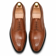 Melodiapelle Meta Wholecut Oxford in tan leather, pair top-down view, handcrafted in Agra