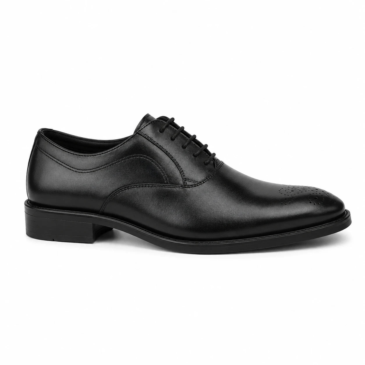 Side profile of the Meta Wholecut Oxford in nero black leather on white background